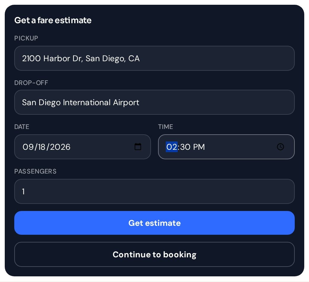Compact PassengerOps quick-quote widget branded for Coastal Executive Transport