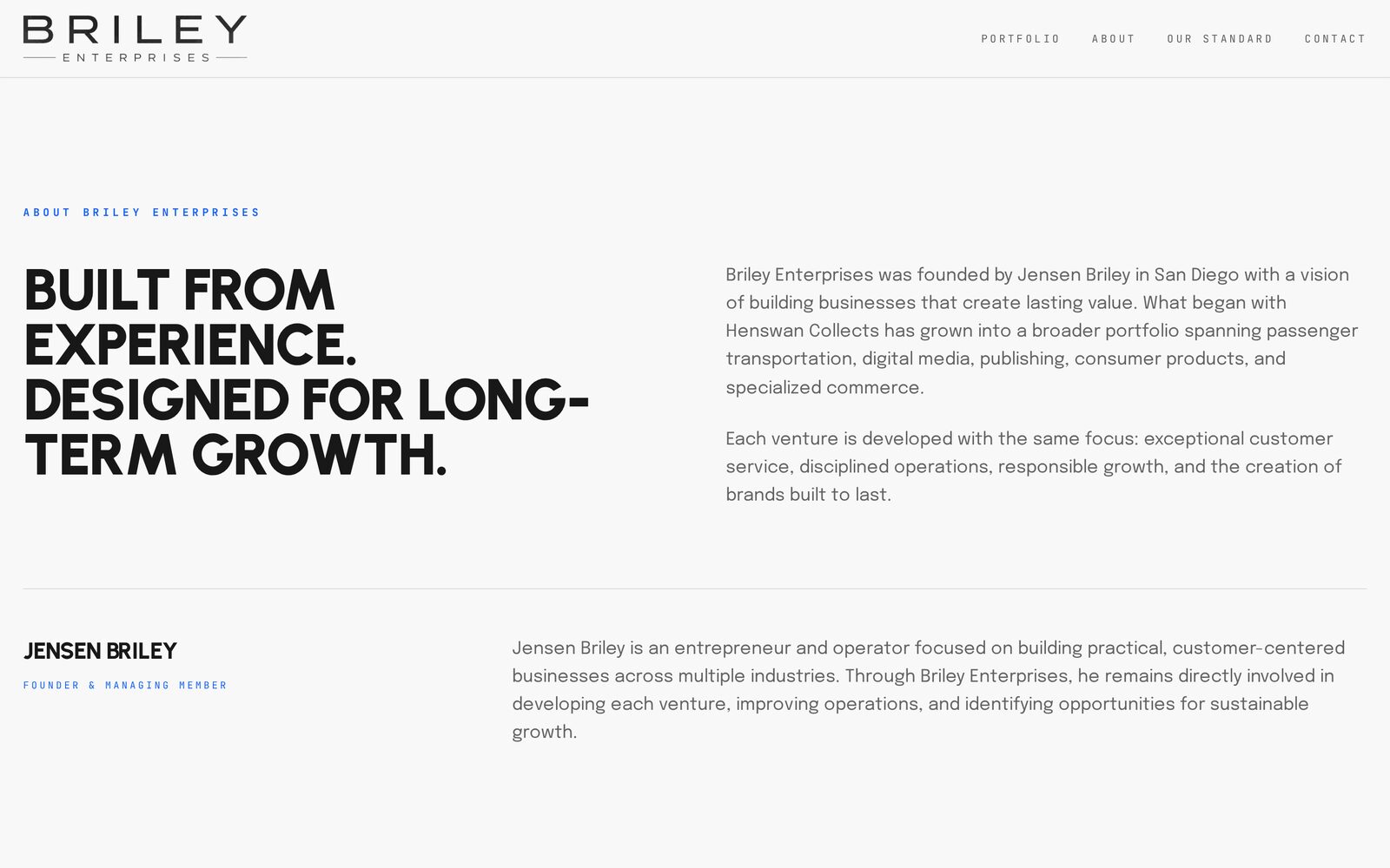 Briley Enterprises about and founder section introducing the company story