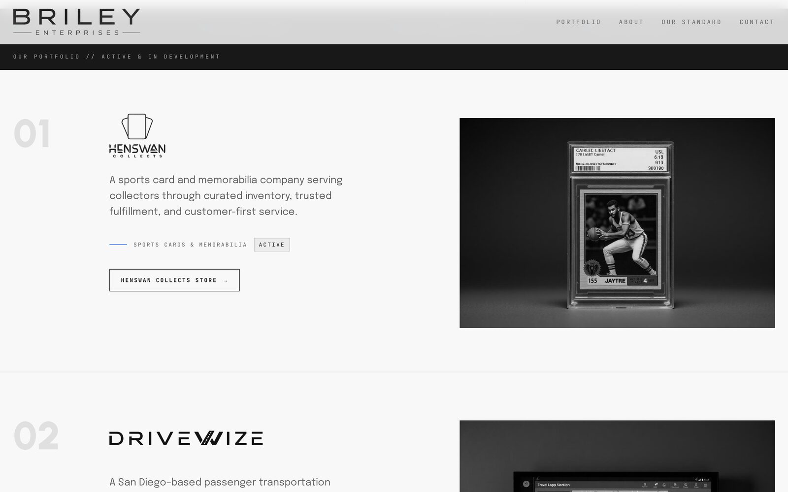 Briley Enterprises venture portfolio section listing active and in-development companies