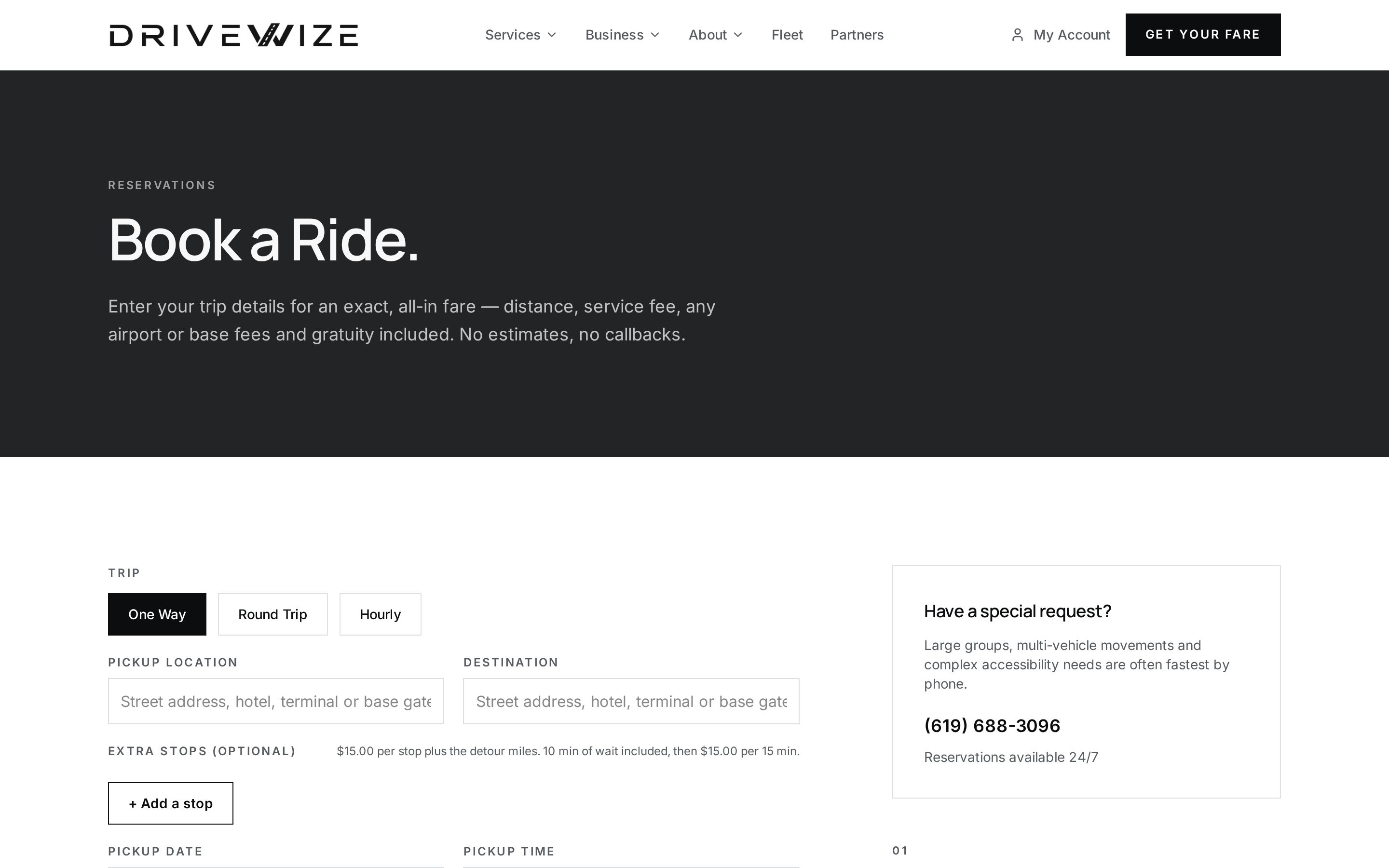 Reservation and fare interface from the DriveWize implementation that informs the PassengerOps platform