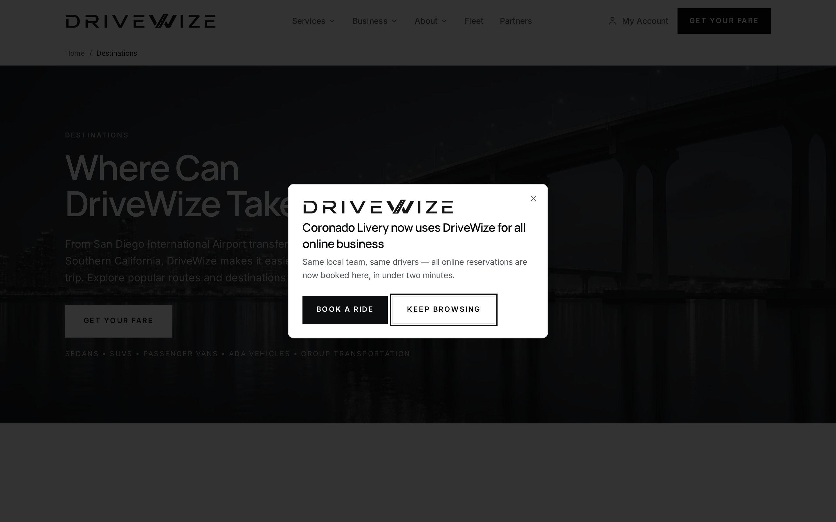 DriveWize destinations page covering Southern California routes