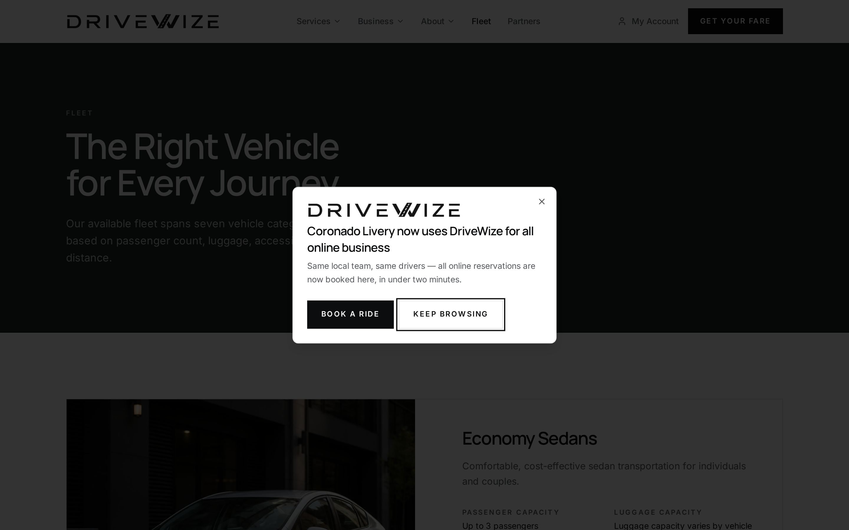 DriveWize fleet page presenting available vehicles