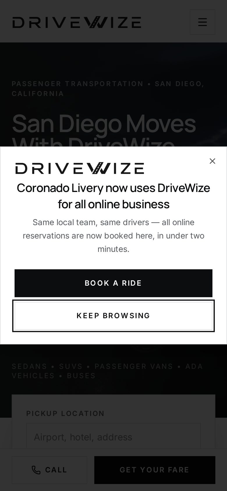 DriveWize Transportation homepage on a mobile phone