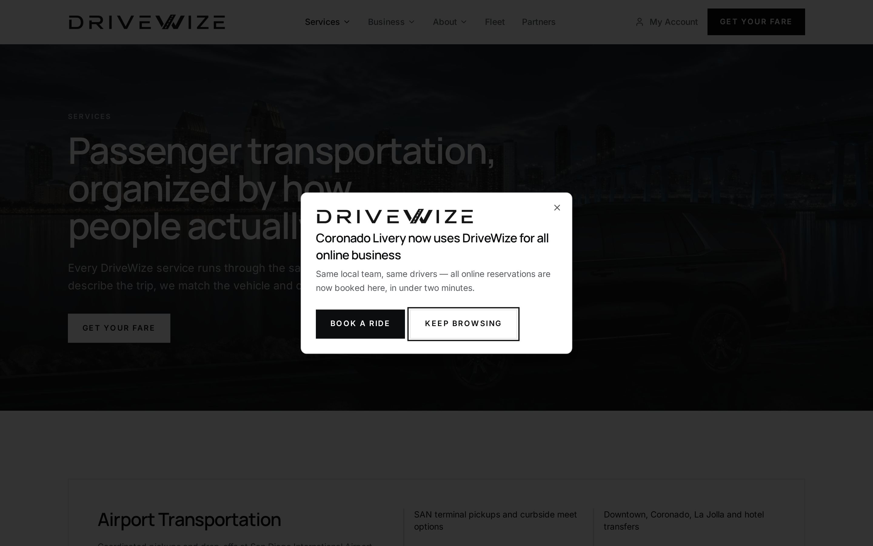 DriveWize services page listing airport, corporate, ADA and group transportation