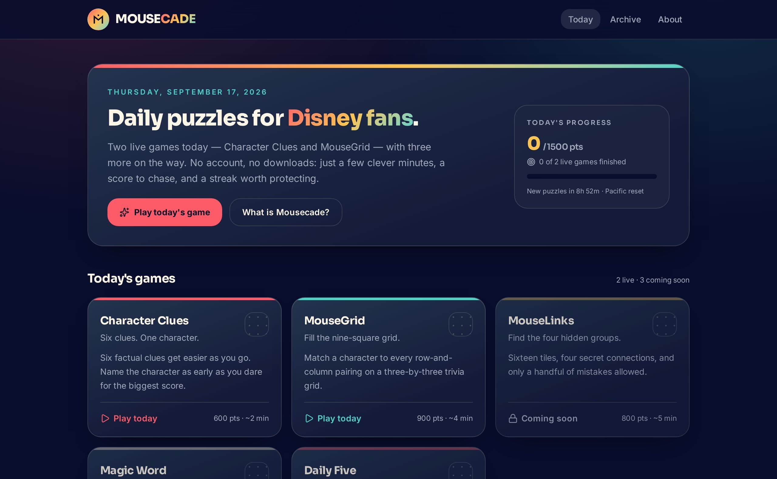 Mousecade daily puzzle website built by Montimer Media, shown in a desktop browser
