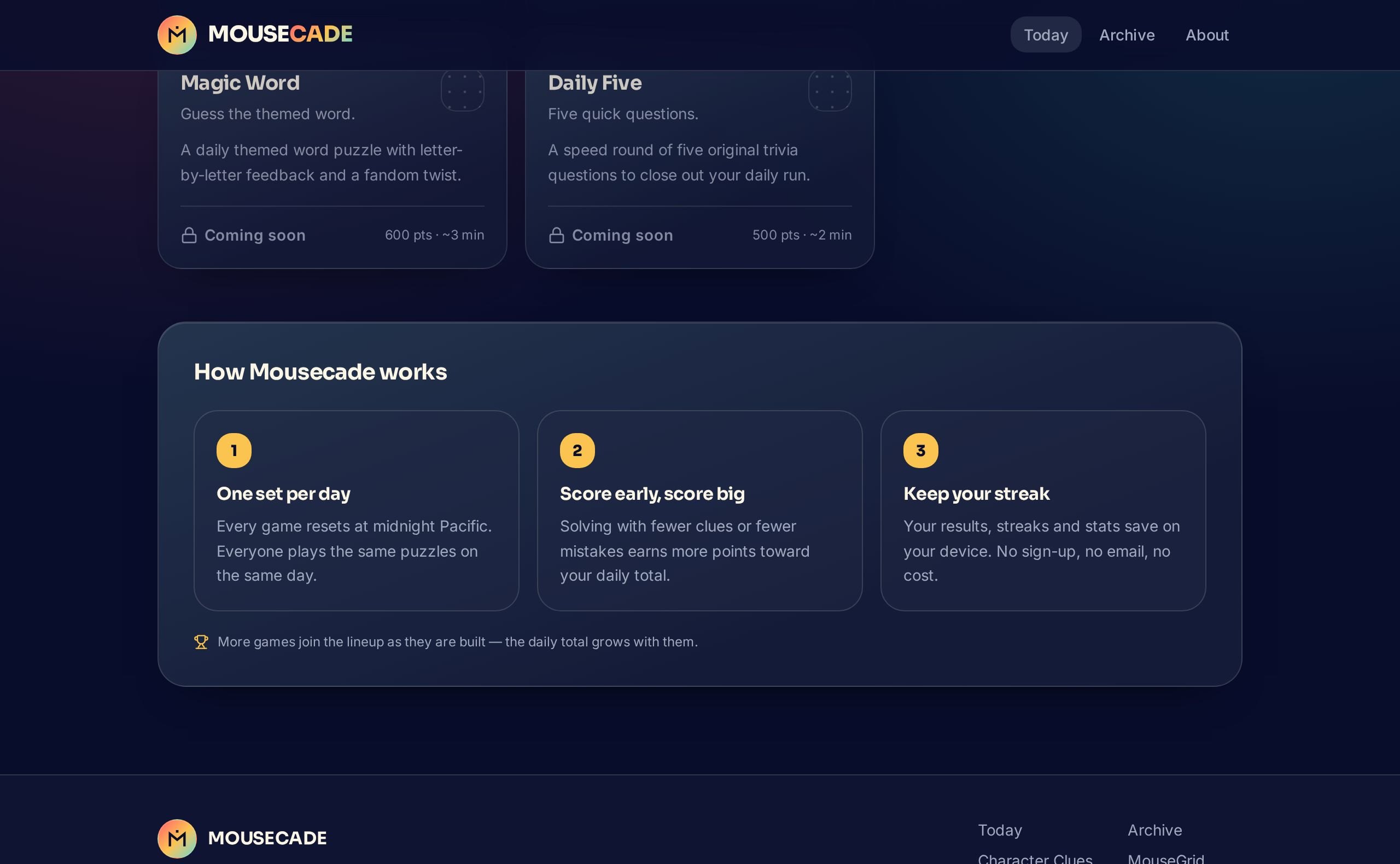 Mousecade daily game cards including Character Clues and MouseGrid