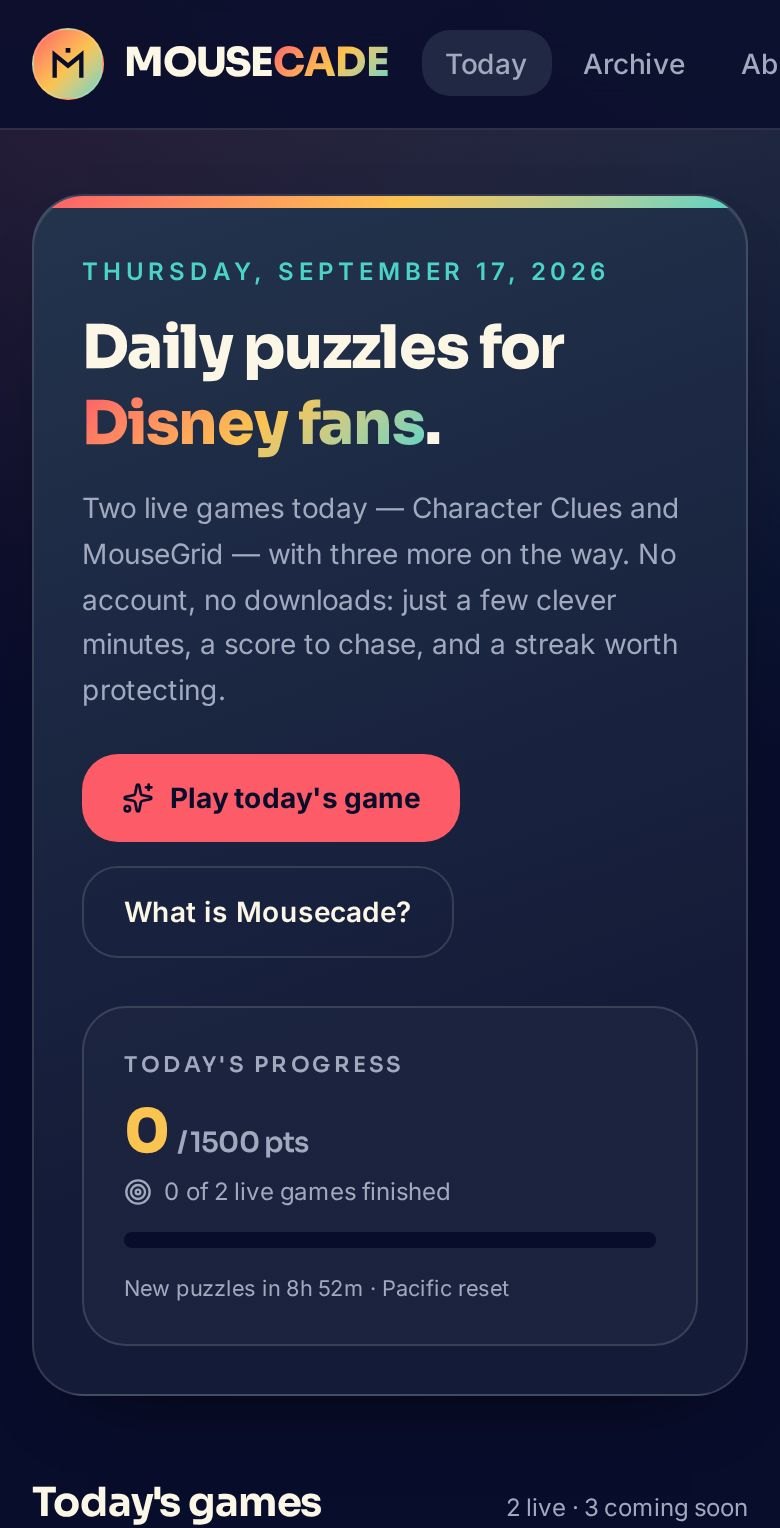 Mousecade daily puzzles shown on a mobile phone